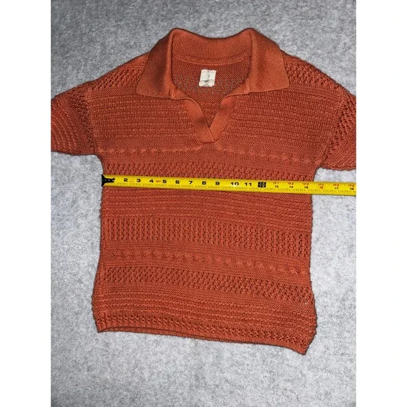 Joie Short Sleeve Open Knit Polo XS Rust Orange Earthy Pointelle Sweater - Picture 6 of 10